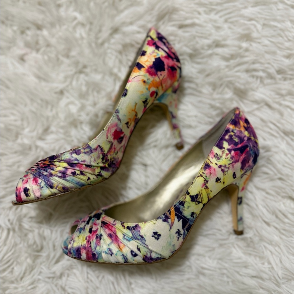 Adrianna Papell Yellow Multicolor Floral Peep-Toe Heels
